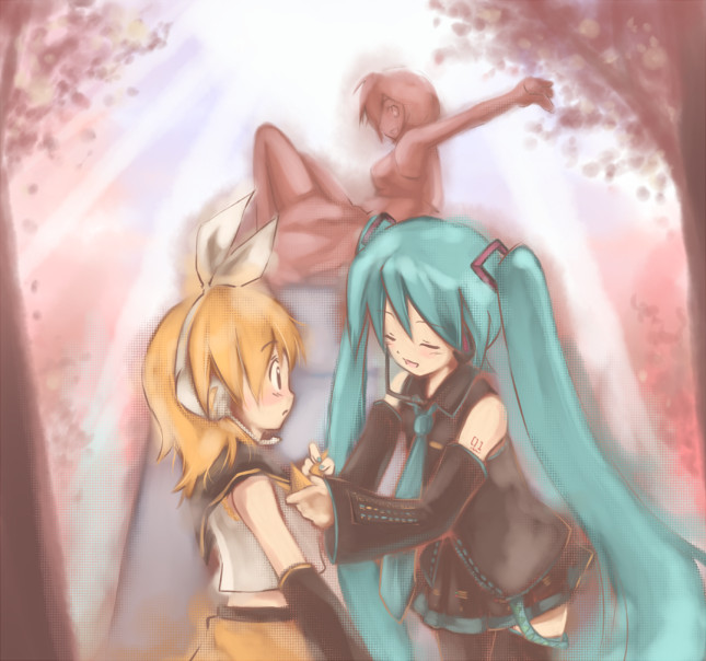loki, ploki, hatsune miku, kagamine rin, meiko (vocaloid), vocaloid, 2girls, aqua hair, blonde hair, closed eyes, detached sleeves, hair ribbon, long hair, multiple girls, necktie, pleated skirt, ribbon, skirt, smile, sunlight, thighhighs, twintails