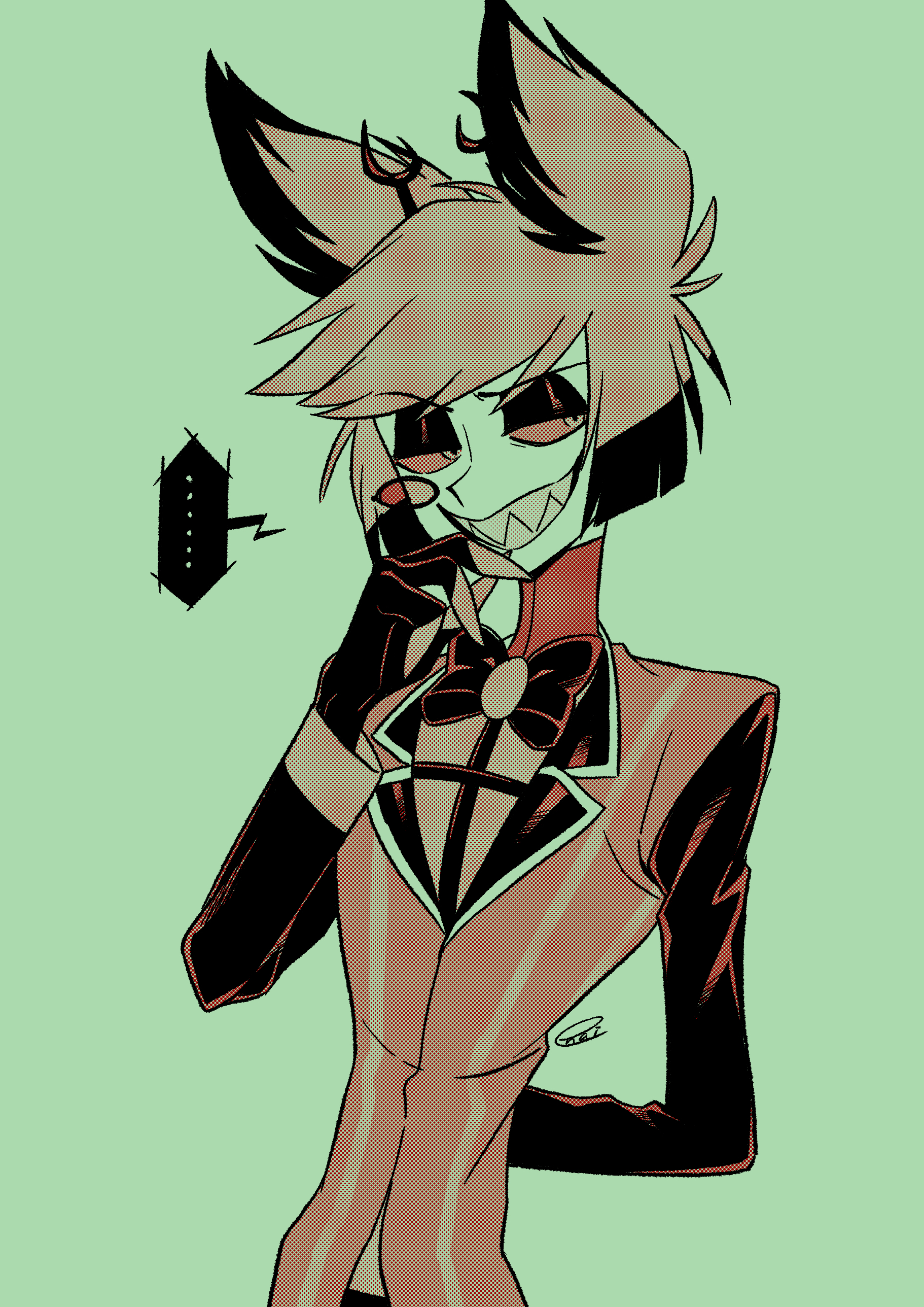 menma (enaic31), alastor (hazbin hotel), hazbin hotel, hellaverse, absurdres, commentary request, highres, …, 1boy, :d, antenna hair, antlers, arm behind back, black bow, black bowtie, black eyeshadow, black hair, bob cut, bow, bowtie, coat, colored sclera, colored tips, deer antlers, eyeshadow, fewer digits, green background, grin, hair horns, halftone, hand on own chin, hand up, horns, lapels, long sleeves, looking at viewer, makeup, male focus, monocle, multicolored hair, notched lapels, open mouth, pants, pinstripe coat, red eyes, red hair, red sclera, sharp teeth, shirt, short hair, sideways glance, signature, simple background, smile, solo, spoken ellipsis, swept bangs, teeth, traditional bowtie, two-tone hair, upper body, v-shaped eyebrows