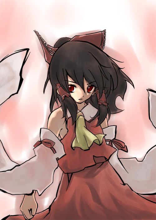 loki, ploki, hakurei reimu, touhou, 1girl, black hair, bow, collar, detached sleeves, dress, evil smile, female focus, hair bow, japanese clothes, long sleeves, looking at viewer, red bow, red dress, red eyes, red ribbon, ribbon, shaded face, short hair, smile, solo, standing
