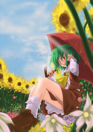 loki, ploki, kazami yuuka, touhou, 1girl, adjusting hair, ascot, cloud, day, female focus, flower, green hair, legs, loafers, red eyes, shoes, short hair, skirt, skirt set, sky, socks, solo, sunflower, umbrella, vest