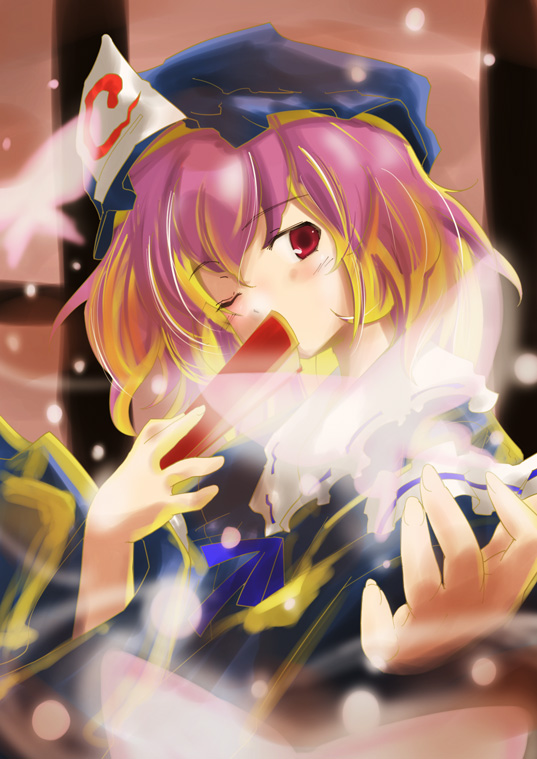 loki, ploki, saigyouji yuyuko, touhou, 1girl, blue dress, blush, bug, butterfly, closed mouth, dress, dust, female focus, hat, long sleeves, looking at viewer, magic, mob cap, outstretched arm, pink eyes, pink hair, solo, triangular headpiece, upper body