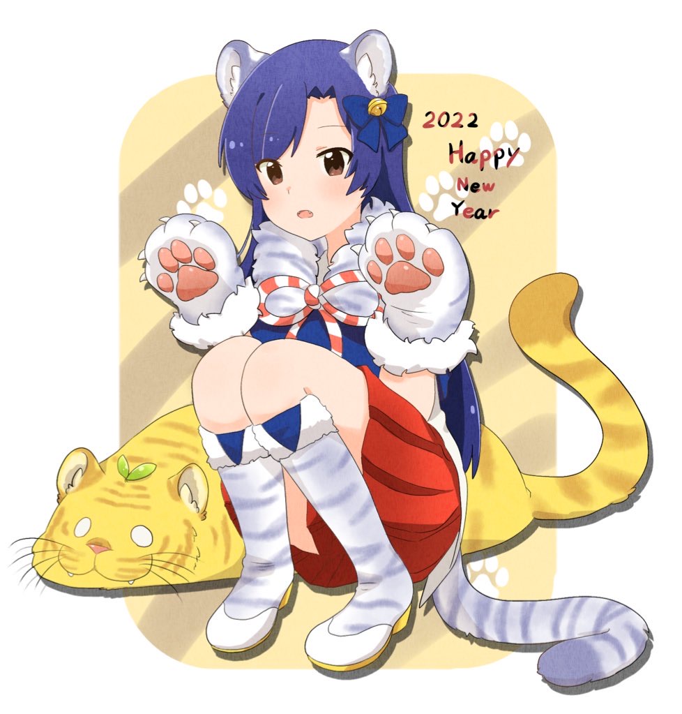 hutaba, kisaragi chihaya, idolmaster, idolmaster (classic), 2022, animal ears, animal hands, bell, blue bow, blue hair, boots, bow, brown eyes, fangs, gloves, hair bell, hair bow, hair ornament, happy new year, kemonomimi mode, knee boots, long hair, new year, open mouth, paw gloves, paw print, red skirt, skirt, squatting, tail, tiger ears, tiger tail