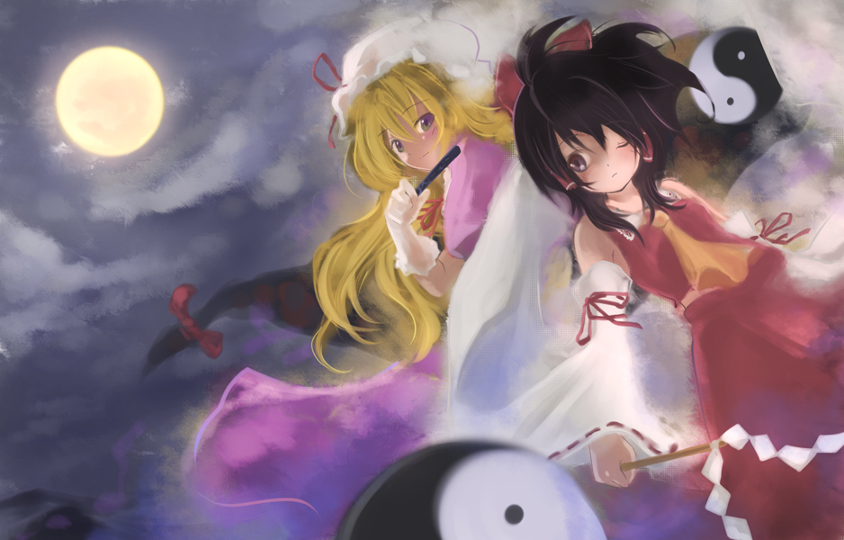 loki, ploki, hakurei reimu, yakumo yukari, touhou, 2girls, blonde hair, bow, detached sleeves, female focus, gap (touhou), hair bow, hat, japanese clothes, long hair, moon, multiple girls, night, one eye closed, ribbon, sky, yin yang