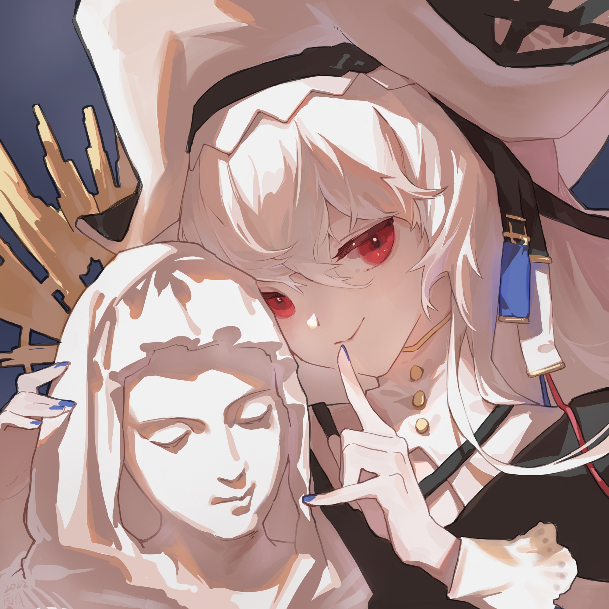 specter (arknights), specter the unchained (arknights), arknights, chinese commentary, commentary request, highres, 1girl, black hat, blue nails, closed mouth, finger to mouth, fingernails, hair between eyes, hat, long hair, long sleeves, looking at viewer, nail polish, portrait, red eyes, smile, solo, statue, two-sided fabric, two-sided headwear, white hair, white hat, xifeng52691