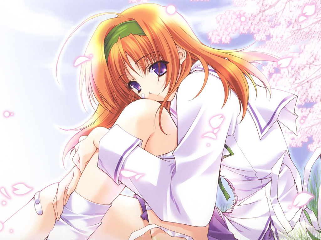 suzuhira hiro, amakase miharu, da capo, da capo i, 00s, 1girl, bandaid, bandaid on face, bandaid on knee, bandaid on leg, blue eyes, cherry blossoms, female focus, hairband, head rest, long hair, orange hair, petals, red hair, school uniform, serafuku, socks, solo, white socks