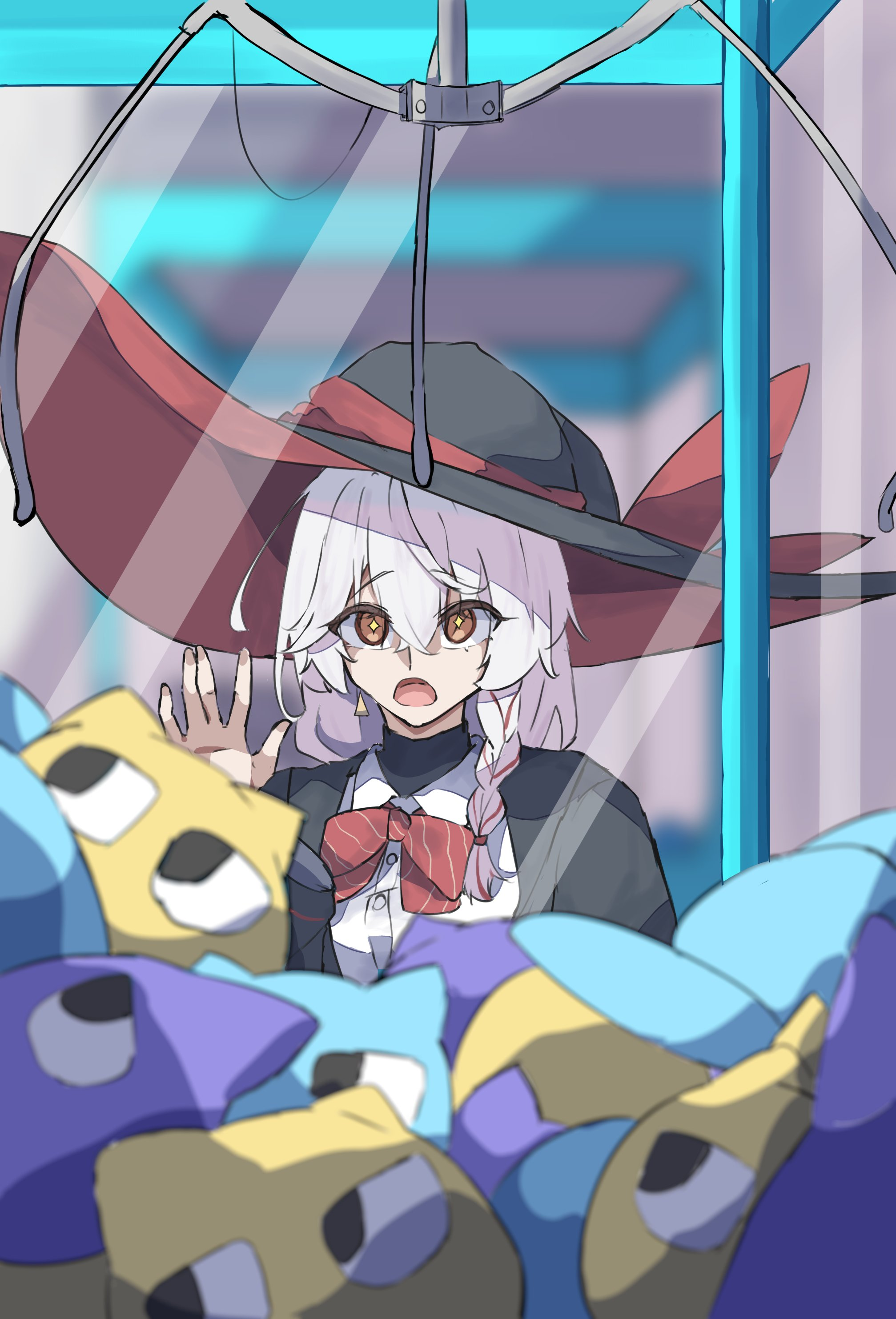 eri (blue archive), blue archive, bow, bowtie, braid, crane game, glass, halo, hat, jacket, long coat, long hair, orange eyes, shirt, sparkling eyes, stuffed toy, sweater, white hair, witch hat