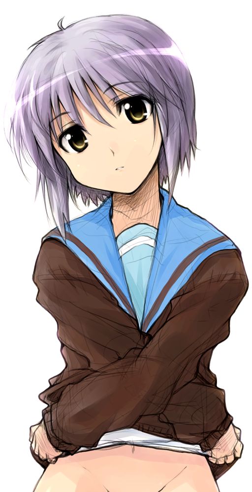 hara takehito, nagato yuki, suzumiya haruhi no yuuutsu, 00s, 1girl, bottomless, cardigan, female focus, out-of-frame censoring, school uniform, serafuku, sketch, solo, undressing