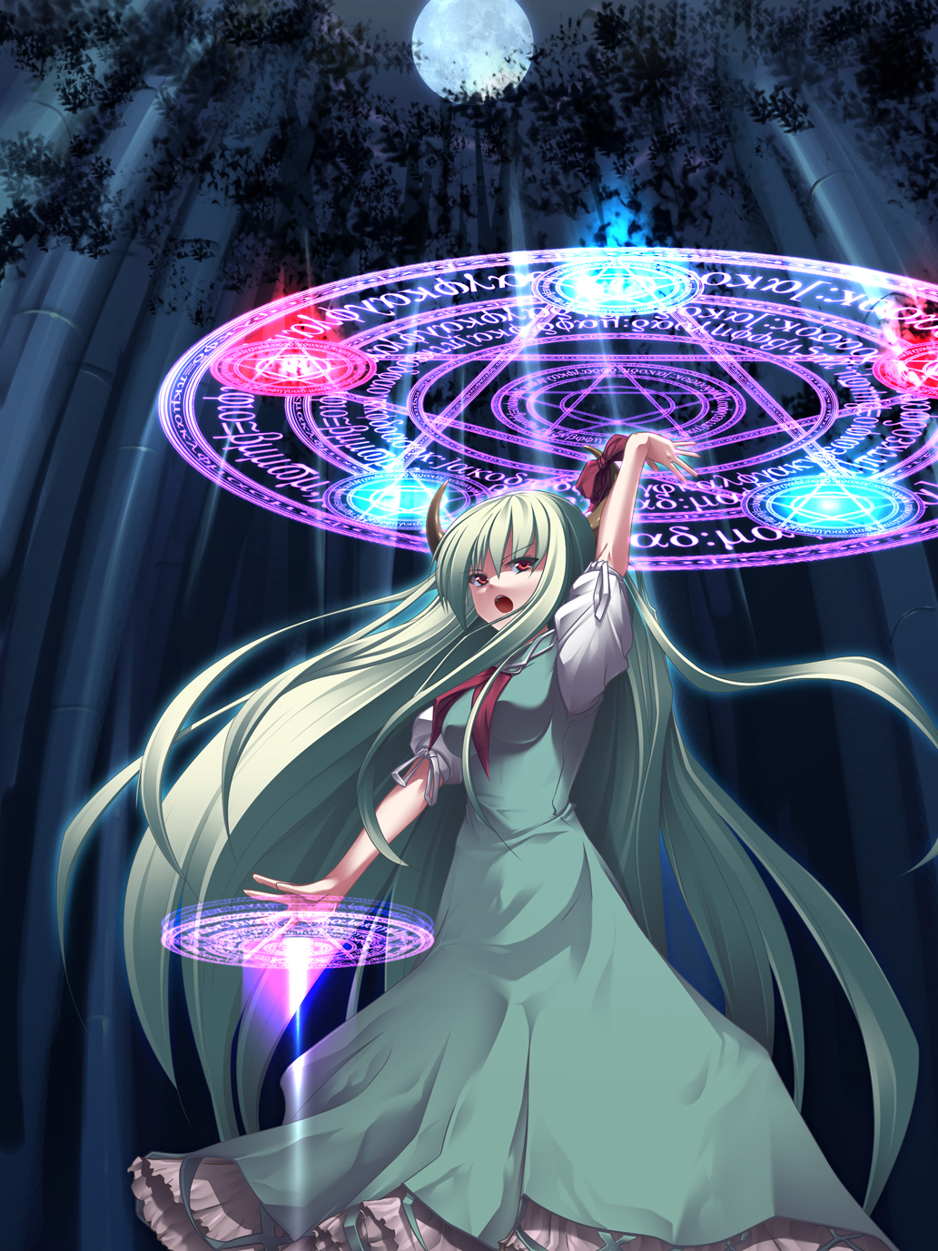date hajime, ex-keine, kamishirasawa keine, touhou, highres, 1girl, bamboo, bamboo forest, dress, female focus, forest, full moon, green hair, horns, long hair, magic circle, moon, nature, necktie, open mouth, pentagram, ribbon, solo, tree