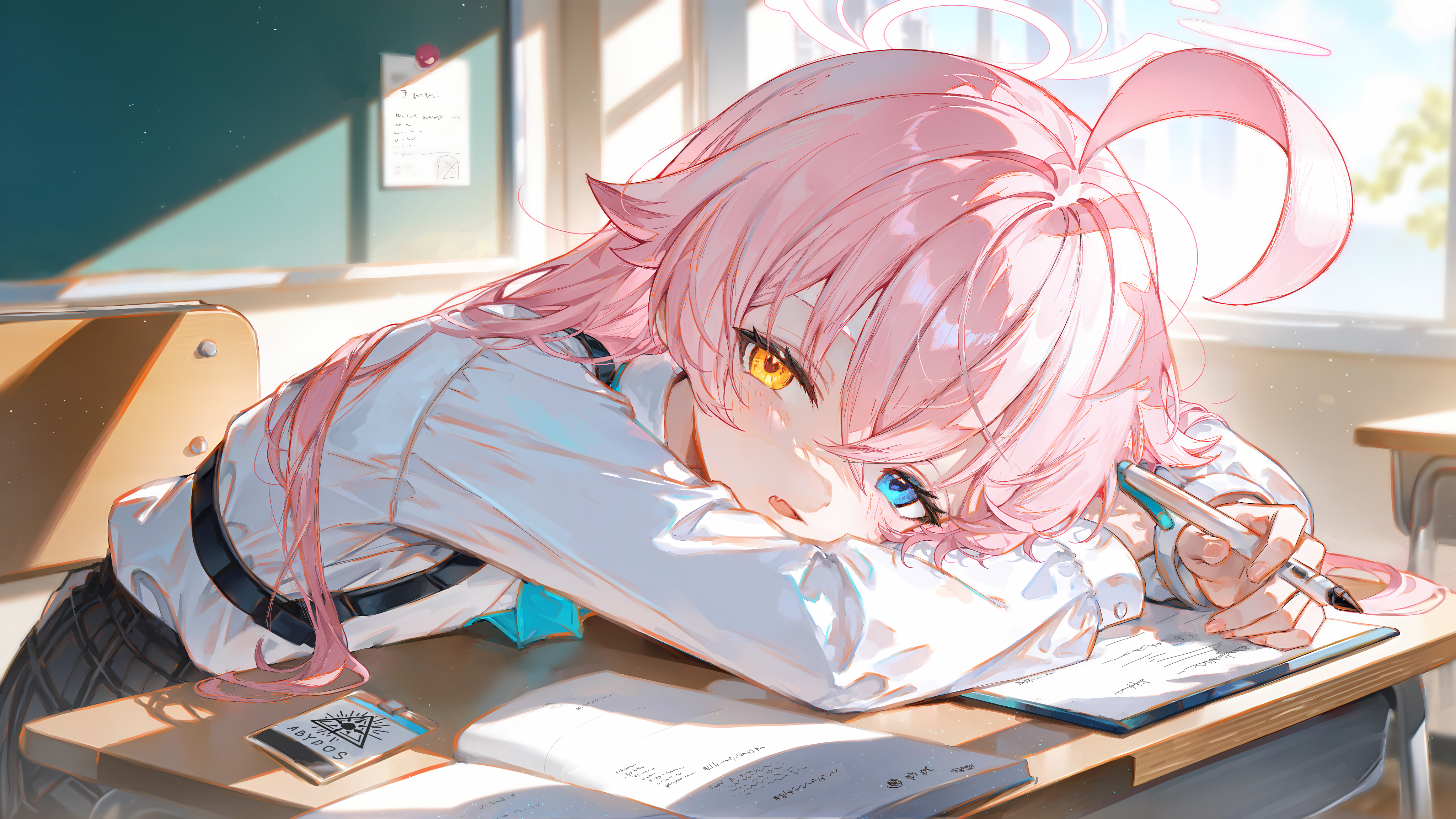 karachiiy, hoshino (blue archive), blue archive, absurdres, commission, highres, pixiv commission, 1girl, blue eyes, blue necktie, book, chair, chalkboard, classroom, desk, fang, hair between eyes, halo, harness, heterochromia, holding, holding pen, long hair, long sleeves, necktie, on chair, open mouth, pen, pink hair, pink halo, school desk, skin fang, skirt, solo, window, yellow eyes