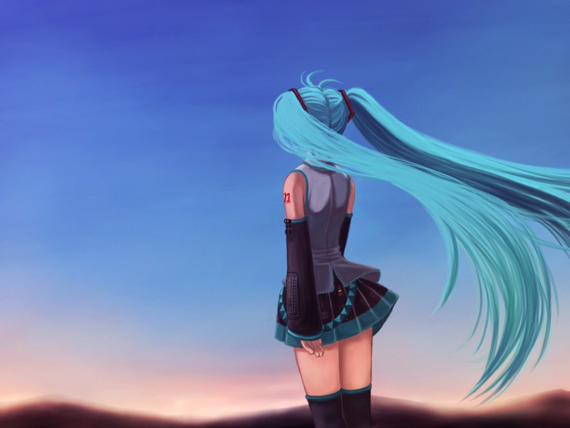 akaza shiro, hatsune miku, vocaloid, long hair, solo, sunset, thighhighs, twintails, very long hair, zettai ryouiki