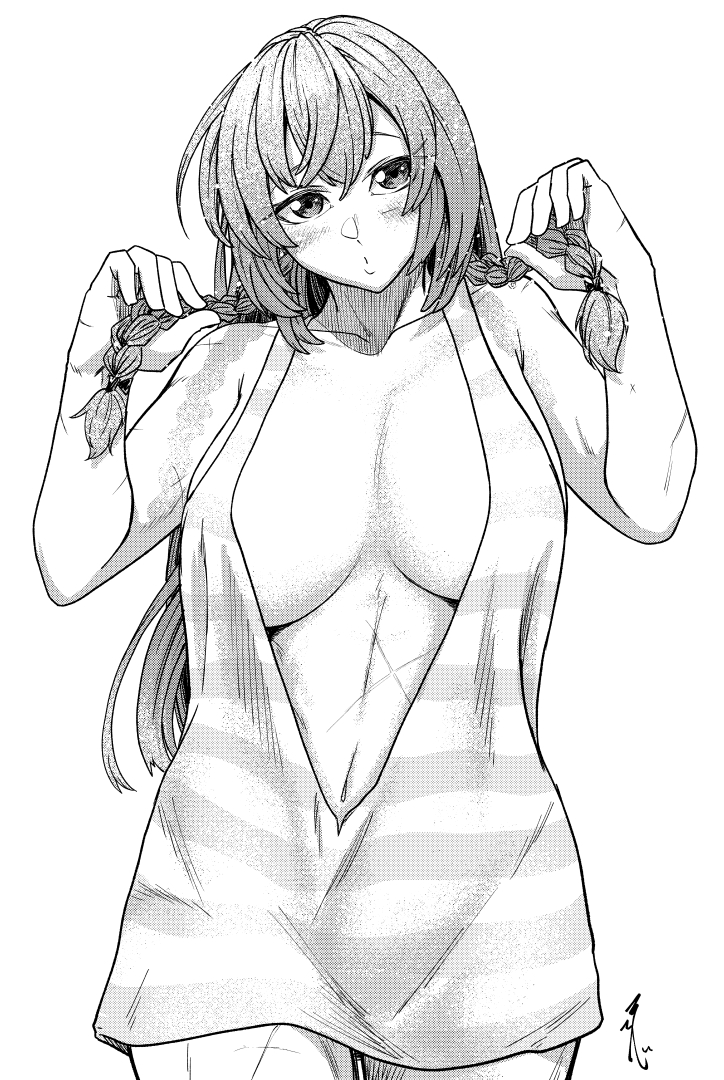 koyubi (littlefinger1988), hong meiling, touhou, 1girl, blush, braid, breasts, cleavage, clothing cutout, greyscale, holding, holding own hair, long hair, monochrome, navel, scar, sleeveless, solo, twin braids