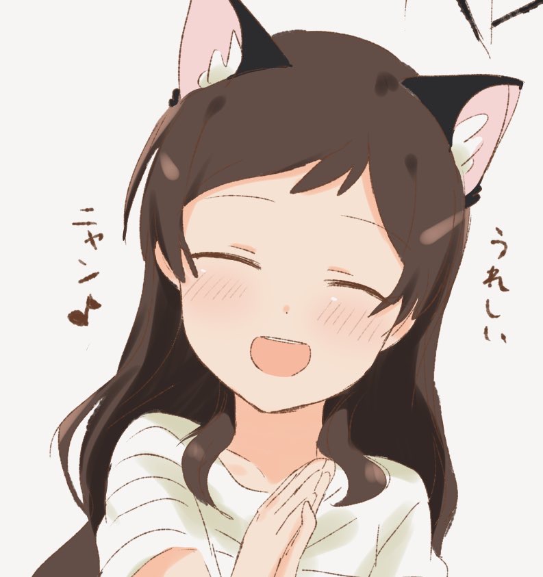 hutaba, kitazawa shiho, idolmaster, idolmaster million live!, 1girl, :d, animal ears, brown hair, cat ears, closed eyes, facing viewer, long hair, musical note, open mouth, shirt, short sleeves, smile, solo, upper body