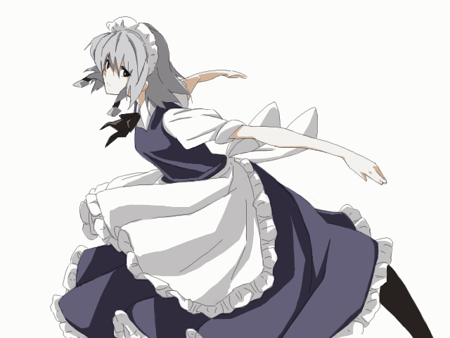 kajiki, izayoi sakuya, touhou, silver hair, 1girl, braid, female focus, pantyhose, short hair, solo, twin braids
