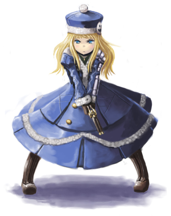 hyuuga azuri, gunner (sekaiju), gunner 2 (sekaiju), jack frost (megami tensei), atlus, etrian odyssey, 1girl, arm guards, armor, beanie, blonde hair, blue eyes, blue hat, blush, boots, brown boots, buttons, coat, female focus, full body, gun, hat, holding, holding gun, holding weapon, legs apart, long sleeves, own hands together, pom pom (clothes), pom pom beanie, shoulder pads, simple background, solo, standing, v arms, weapon, white background