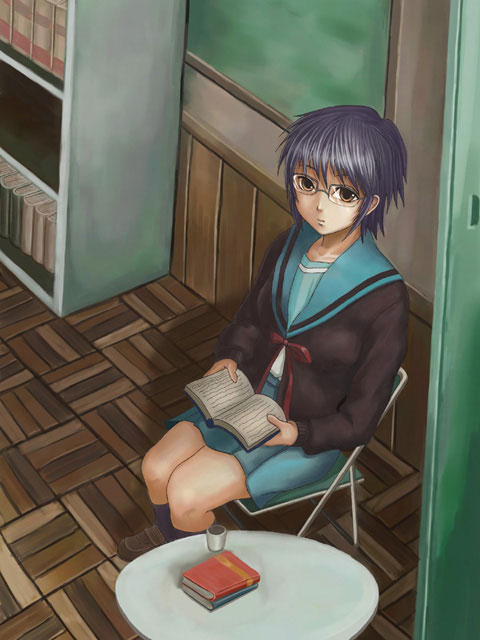 hyuuga azuri, nagato yuki, suzumiya haruhi no yuuutsu, 00s, book, chair, glasses, on chair, school uniform, serafuku, solo, wooden floor