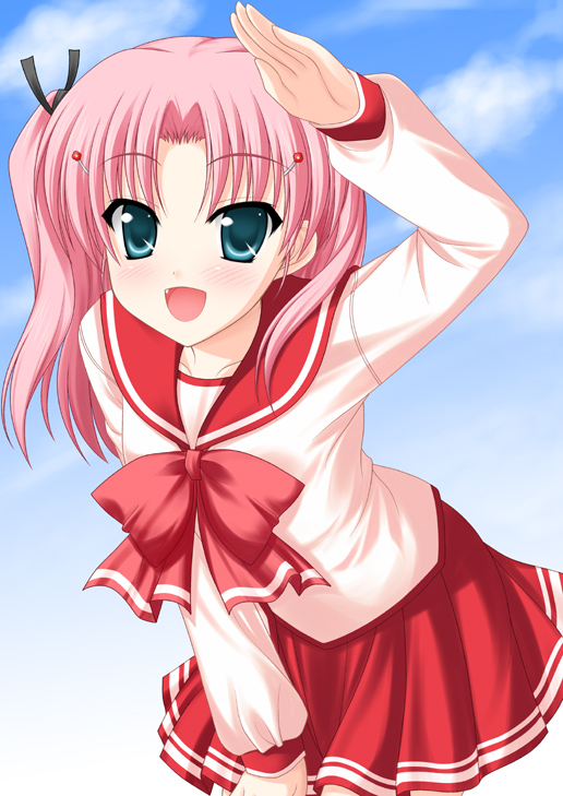 minamori noeru, maaryan (to heart), to heart (series), to heart 2, 00s, 1girl, fang, female focus, leaning forward, pink hair, salute, school uniform, serafuku, solo