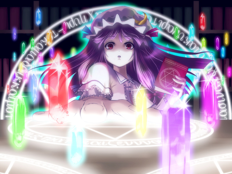 hyuuga azuri, patchouli knowledge, touhou, 1girl, book, bow, crescent, danmaku, female focus, hat, hexagram, long hair, looking at viewer, magic circle, open mouth, outstretched hand, purple eyes, purple hair, solo
