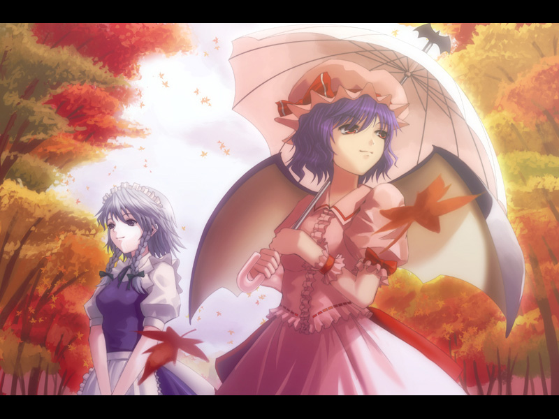 hyuuga azuri, izayoi sakuya, remilia scarlet, touhou, 2girls, breasts, dress, female focus, forest, hat, letterboxed, maid, multiple girls, nature, outdoors, plant, skirt, sky, umbrella, wings