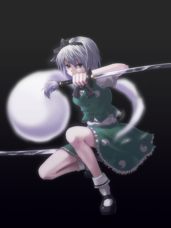 hyuuga azuri, konpaku youmu, konpaku youmu (ghost), touhou, jpeg artifacts, 1girl, dual wielding, female focus, hitodama, holding, katana, solo, sword, tanto, weapon