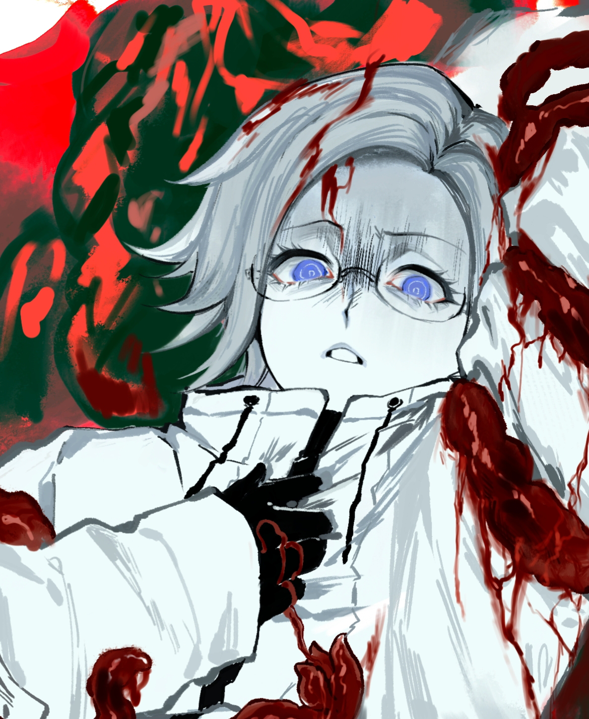 aotsuki eito, the hundred line -last defense academy-, chinese commentary, commentary request, highres, 1boy, arm up, atgezi, black gloves, disgust, glasses, gloves, grey hair, hand on own chest, jacket, looking at viewer, male focus, purple eyes, restrained, shaded face, short hair, solo, tentacles, tentacles on male, upper body, white jacket