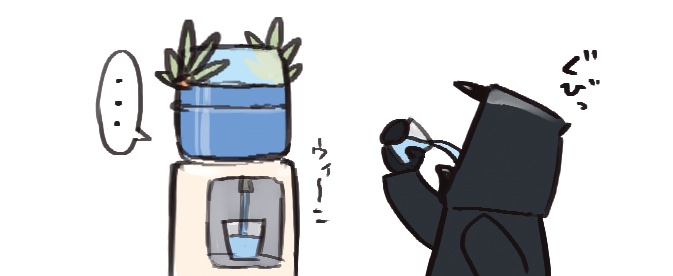 tubuan (tubuan03), doctor (arknights), muelsyse (arknights), arknights, commentary request, tagme, …, cup, drinking glass, holding, holding cup, simple background, sound effects, speech bubble, spoken ellipsis, water cooler, white background