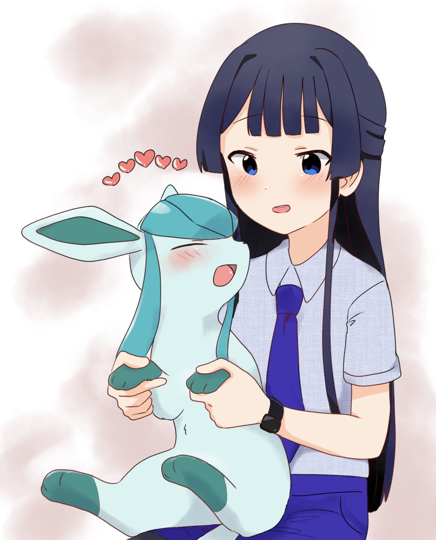 hutaba, glaceon, mogami shizuka, idolmaster, idolmaster million live!, nintendo, pokemon, highres, black hair, blue eyes, blue necktie, closed eyes, collared shirt, gen 4 pokemon, heart, holding, holding pokemon, long hair, necktie, open mouth, pokemon (creature), shirt, short sleeves, smile, upper body