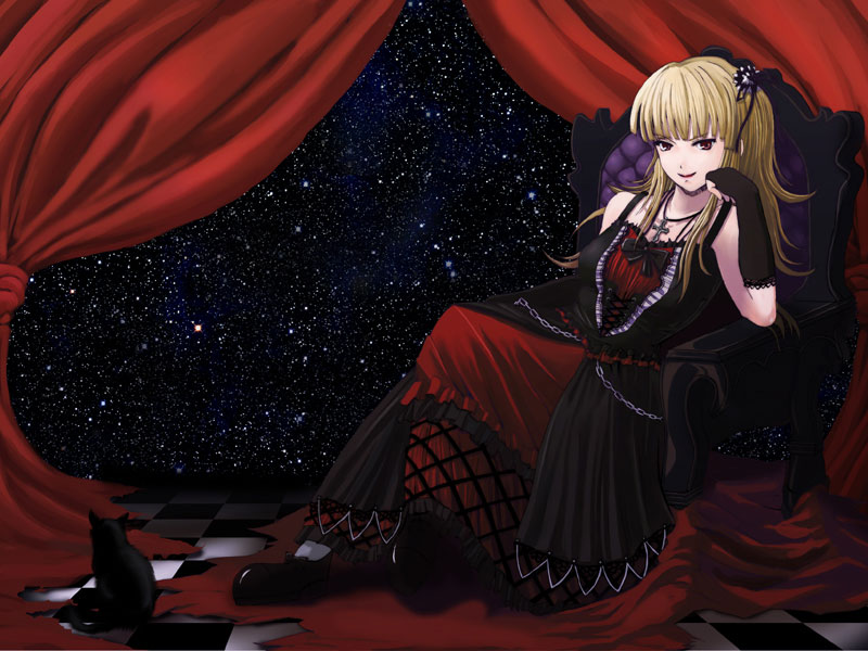hyuuga azuri, original, 1girl, blonde hair, bow, cat, cross, crossed legs, female focus, fingerless gloves, gloves, goth fashion, hair ornament, latin cross, lipstick, makeup, night, night sky, red eyes, sitting, sky, smile, solo, star (sky), star (symbol), starry sky