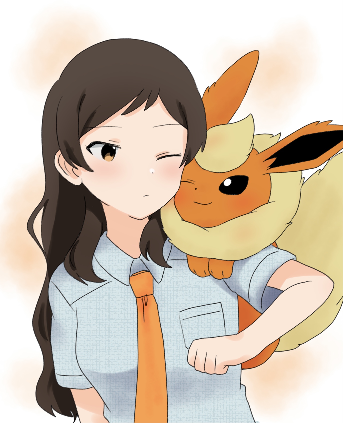 hutaba, flareon, kitazawa shiho, idolmaster, idolmaster million live!, nintendo, pokemon, highres, 1girl, black sclera, breast pocket, brown eyes, brown hair, closed mouth, collared shirt, colored sclera, gen 1 pokemon, long hair, necktie, one eye closed, orange necktie, pocket, pokemon (creature), shirt, short sleeves, solo