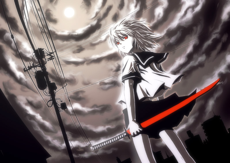 hyuuga azuri, 1girl, female focus, red eyes, school uniform, serafuku, solo, sword, weapon