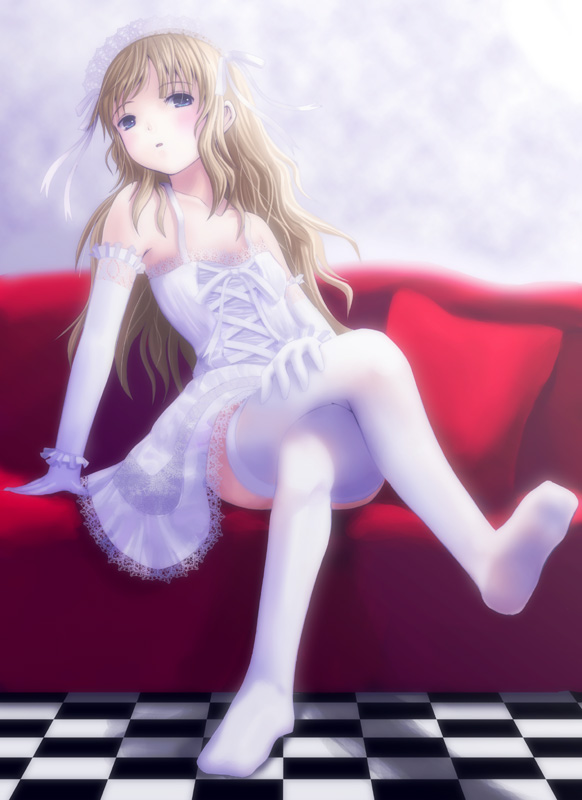 hyuuga azuri, original, blonde hair, blue eyes, elbow gloves, feet, gloves, gothic lolita, headdress, lolita fashion, long hair, solo, sweet lolita, thighhighs, white thighhighs