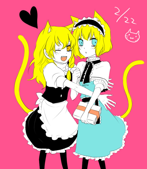 alice margatroid, kirisame marisa, touhou, 2girls, animal ears, cat ears, cat girl, cat tail, female focus, flat color, multiple girls, pantyhose, partially colored, simple background, skirt, tail