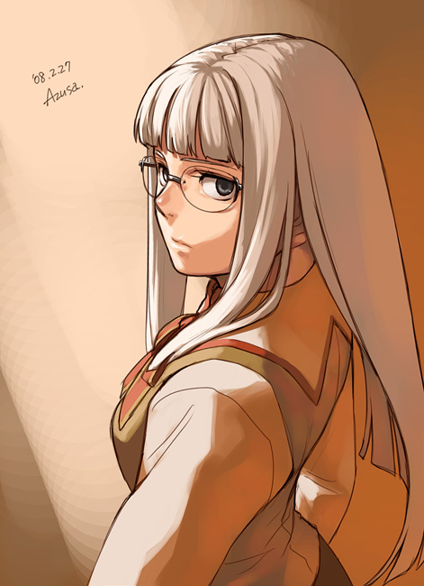 azusa (hws), himuro kane, fate/stay night, fate (series), 00s, 1girl, female focus, glasses, long hair, solo, white hair