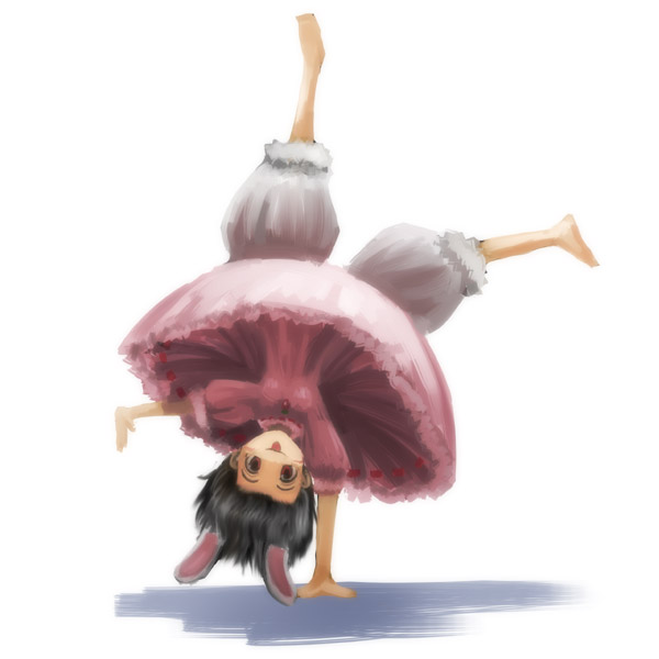 hyuuga azuri, inaba tewi, touhou, 1girl, :p, animal ears, barefoot, black hair, bloomers, cartwheel, dress, extra ears, female focus, handstand, one arm handstand, pink dress, rabbit ears, short hair, solo, tongue, tongue out, underwear, upside-down, white bloomers