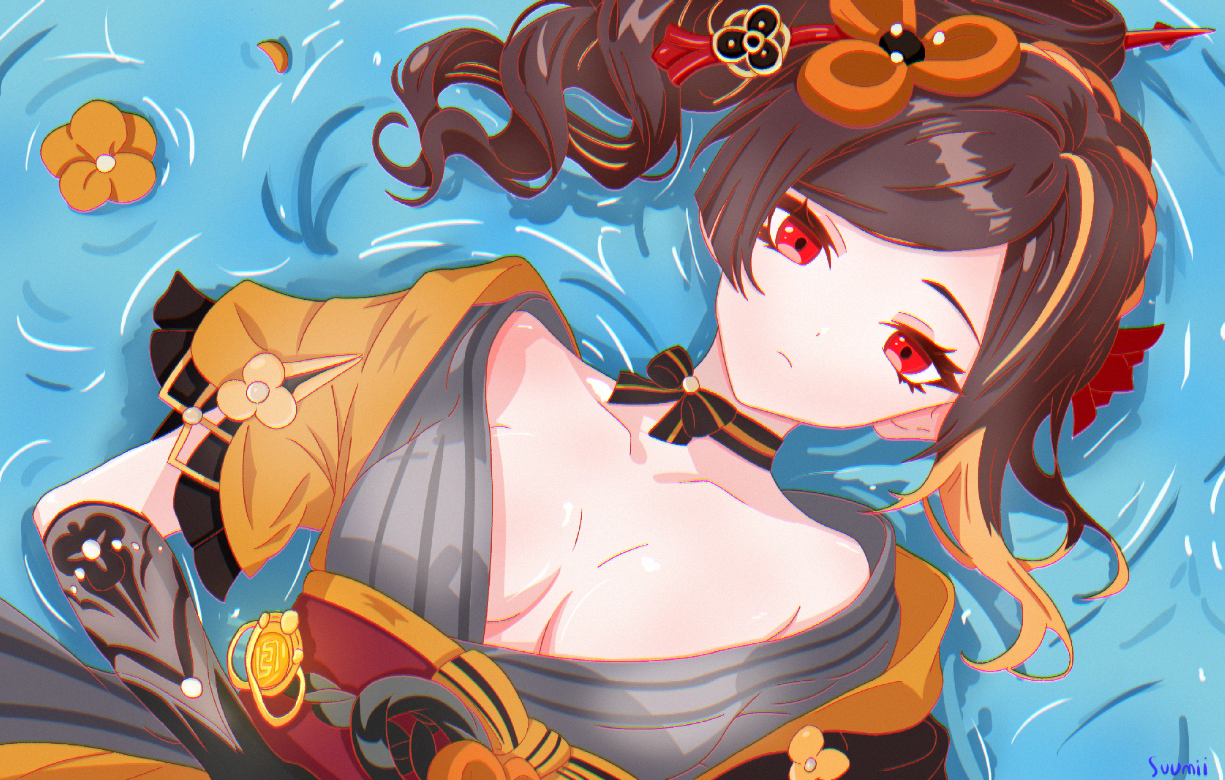 chiori (genshin impact), genshin impact, absurdres, commentary, highres, 1girl, artist name, black choker, black gloves, breasts, brown hair, choker, cleavage, closed mouth, drill hair, expressionless, facing viewer, gloves, hair ornament, hairpin, japanese clothes, lying, medium breasts, on back, red eyes, ribbon choker, side drill, solo, striped choker, suumii, vision (genshin impact), water