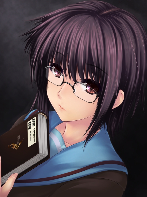 uni8, nagato yuki, suzumiya haruhi no yuuutsu, eyebrows, 00s, 1girl, black background, book, cardigan, closed mouth, collarbone, female focus, glasses, holding, holding book, looking at viewer, over-rim eyewear, purple hair, red ribbon, ribbon, school uniform, semi-rimless eyewear, serafuku, short hair, solo, upper body