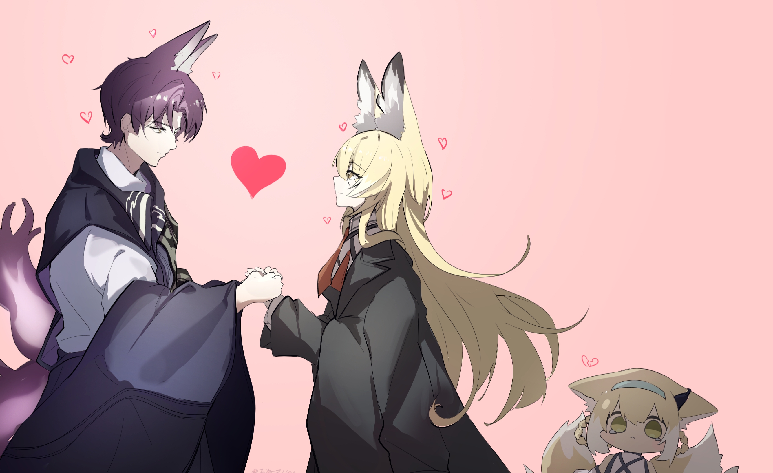suzuran's father (arknights), suzuran (arknights), vulpisfoglia (arknights), arknights, chinese commentary, commentary request, highres, 1boy, 2girls, :<, animal ear fluff, animal ears, blonde hair, blue hairband, chibi, closed mouth, eye contact, family, father and daughter, green eyes, hairband, heart, holding hands, husband and wife, long hair, long sleeves, looking at another, looking at viewer, mother and daughter, multicolored hair, multiple girls, multiple tails, necktie, no nose, orange necktie, pink background, profile, purple hair, purple tail, shaded face, short hair, simple background, smile, streaked hair, tail, tearing up, white hair, white tail, wide sleeves, yellow eyes, yellow tail, zi luo (zilos)