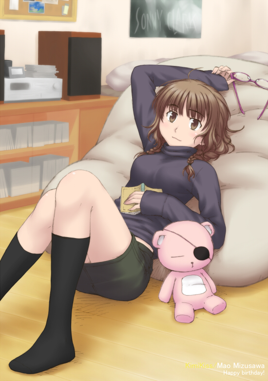 shinsan, mizusawa mao, kimi kiss, braid, eyepatch, glasses, socks, solo, stuffed animal, stuffed toy, teddy bear, twin braids