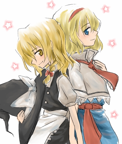 myama, alice margatroid, kirisame marisa, touhou, lowres, 2girls, back-to-back, blonde hair, blue dress, blue eyes, blush, bow, braid, capelet, dress, female focus, hair bow, hair ornament, hairband, hand on own chest, hat, holding, holding hands, holding unworn hat, looking back, multiple girls, necktie, profile, short hair, smile, star (symbol), unworn hat, unworn headwear, witch hat, yellow eyes, yuri