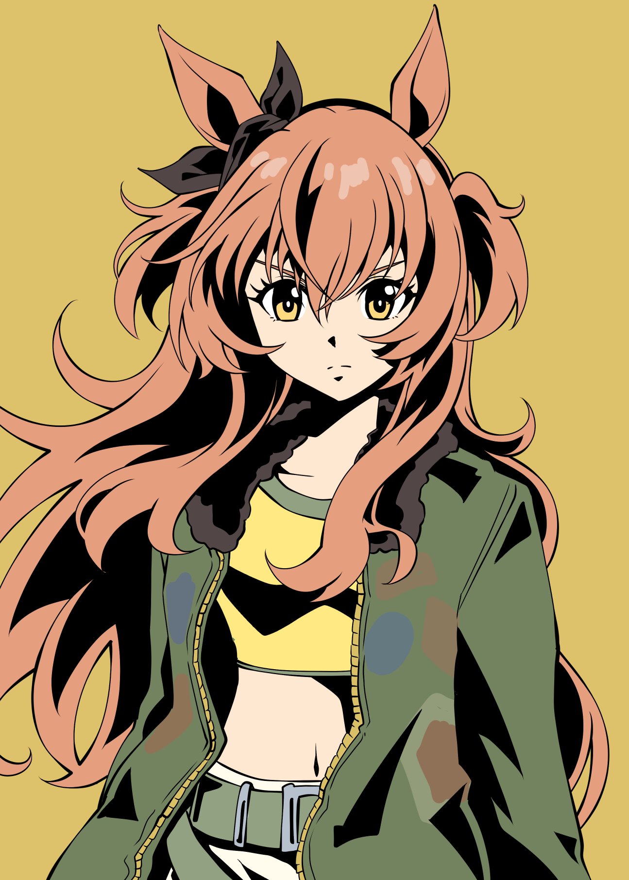 zukki (bijitaru), mayano top gun (umamusume), umamusume, highres, 1girl, animal ears, belt, bomber jacket, bow, breasts, brown eyes, closed mouth, collarbone, cropped shirt, ear bow, ear ribbon, green belt, green jacket, hair between eyes, horse ears, horse girl, horse tail, jacket, long hair, long sleeves, looking at viewer, mayano top gun (scramble zone) (umamusume), midriff, navel, orange hair, orange tail, shirt, shorts, simple background, solo, tail, white shorts, yellow shirt