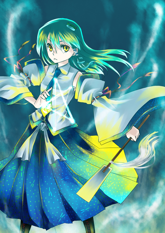 kagero (burstlife), tadano kagekichi, kochiya sanae, touhou, 1girl, black pantyhose, blue skirt, detached sleeves, female focus, frog hair ornament, gohei, green eyes, green hair, hair ornament, long sleeves, looking at viewer, matching hair/eyes, nontraditional miko, oonusa, pantyhose, pentagram, skirt, solo, standing