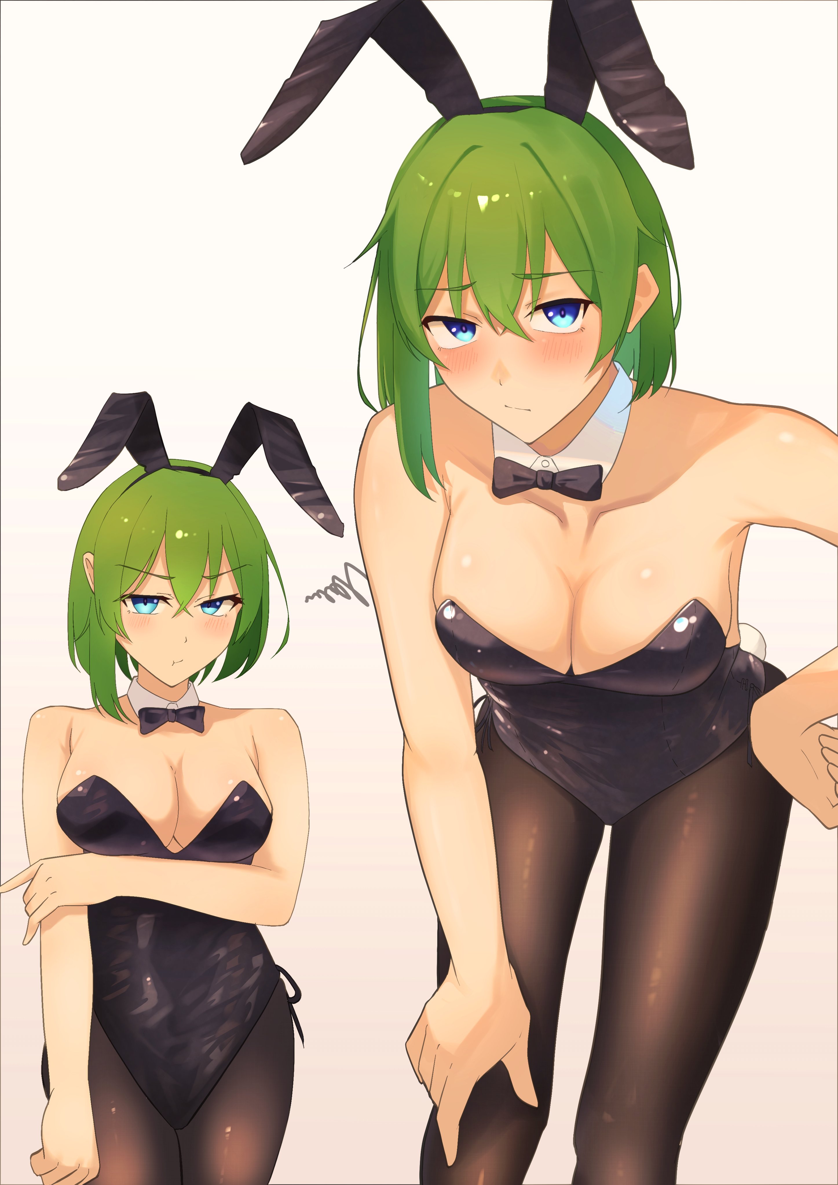 raian macaroni, shiki eiki, touhou, absurdres, commentary, commission, highres, skeb commission, 1girl, animal ear hairband, animal ears, black bow, black bowtie, black leotard, black pantyhose, blue eyes, bow, bowtie, breasts, cleavage, collarbone, detached collar, fake animal ears, fake tail, green hair, hairband, hand on own hip, hand on own knee, leaning forward, leotard, looking at viewer, multiple views, pantyhose, playboy bunny, rabbit ear hairband, rabbit ears, rabbit tail, short hair, side-tie leotard, strapless, strapless leotard, tail