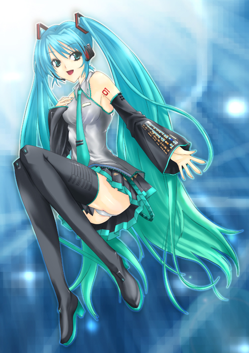 prime (prime tw), hatsune miku, vocaloid, 1girl, arm warmers, blue eyes, blue hair, female focus, headphones, high heels, long hair, matching hair/eyes, necktie, open mouth, panties, shirt, sleeveless, sleeveless shirt, solo, thighhighs, twintails, underwear, very long hair, white panties