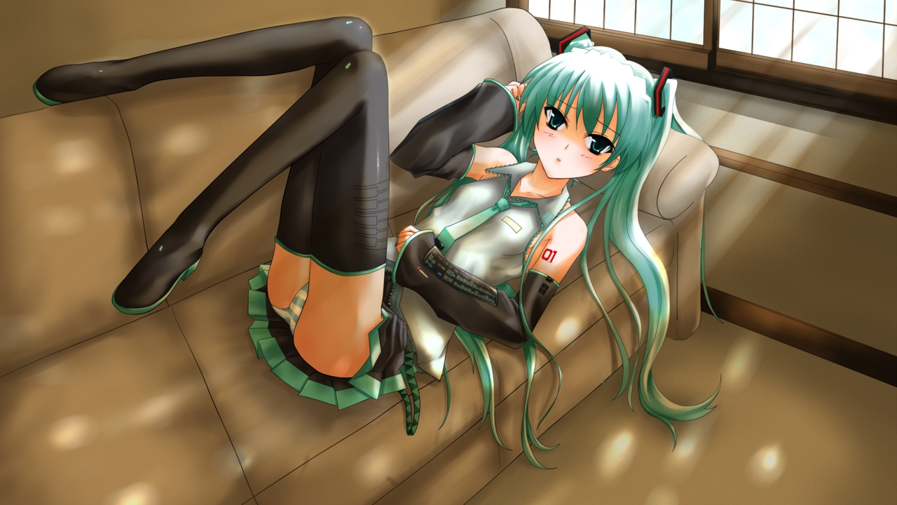 prime (prime tw), hatsune miku, vocaloid, bad id, bad pixiv id, 1girl, aqua hair, couch, female focus, lying, panties, shadow, solo, striped clothes, striped panties, thighhighs, twintails, underwear, window