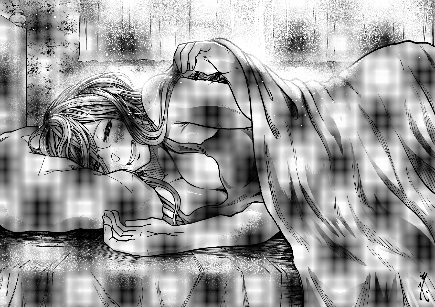 koyubi (littlefinger1988), hong meiling, touhou, highres, 1girl, blush, breasts, cleavage, curtains, greyscale, head on pillow, indoors, large breasts, long hair, looking at viewer, monochrome, nightgown, on bed, open mouth, pillow, under covers