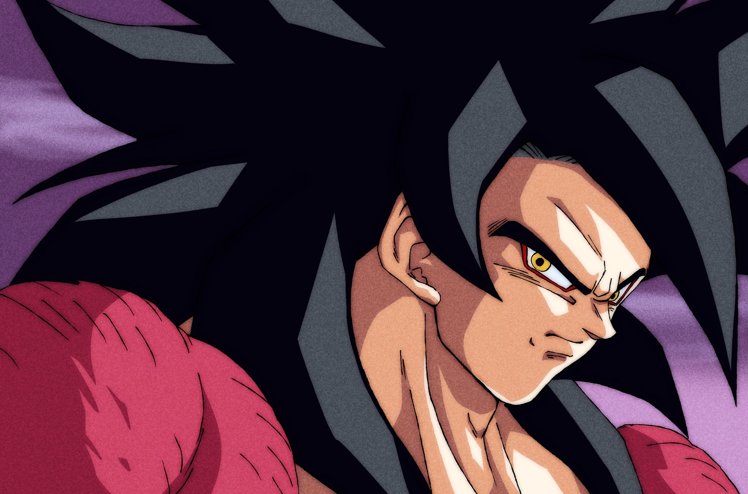 muma maximum76, son goku, dragon ball, dragon ball gt, highres, 1boy, black hair, long hair, male focus, monkey boy, muscular, muscular male, red fur, saiyan, simple background, solo, spiked hair, super saiyan, super saiyan 4, upper body, yellow eyes