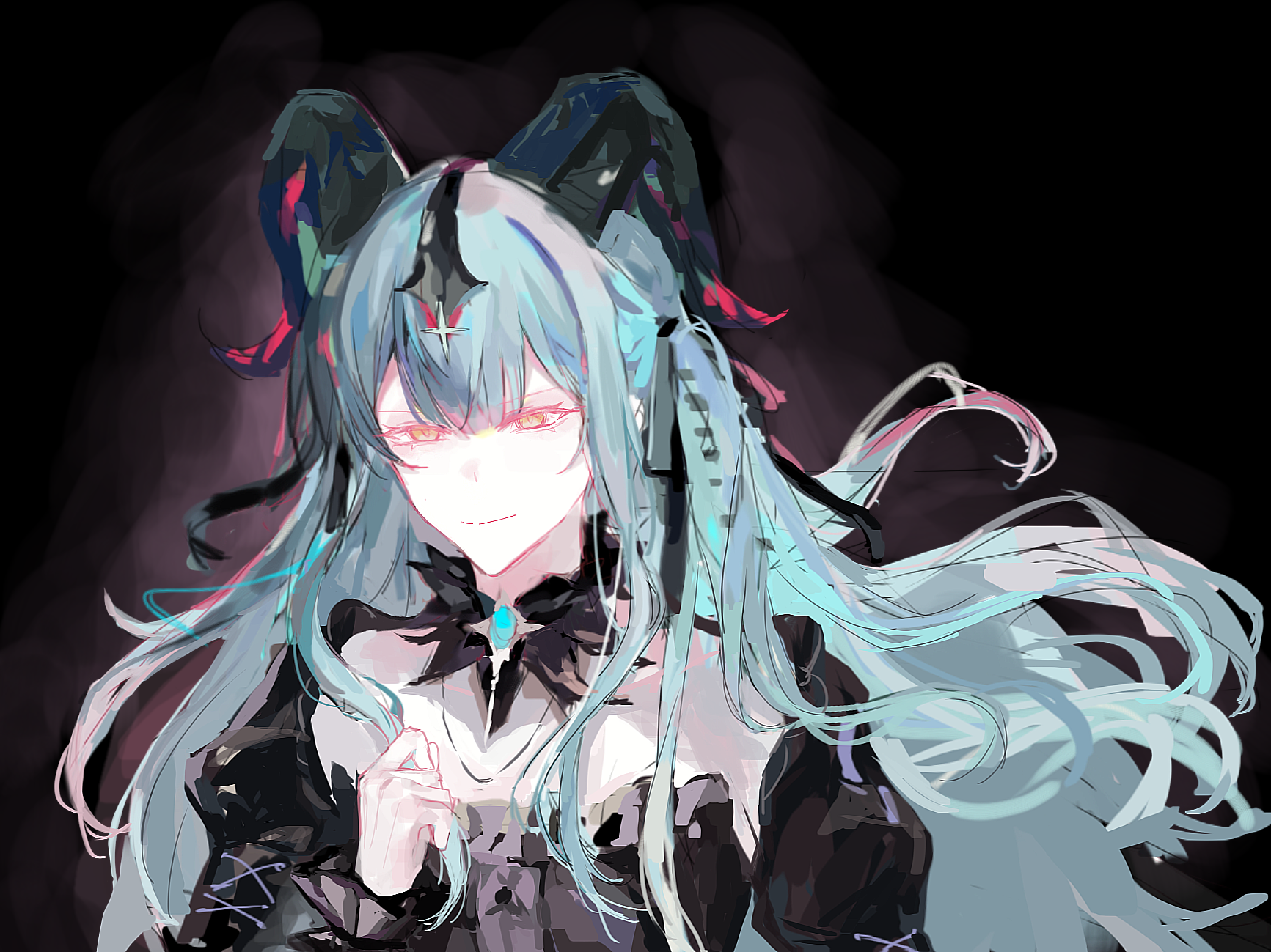 togawa sakiko, arknights, bang dream!, bang dream! it's mygo!!!!!, chinese commentary, commentary request, highres, 1girl, black background, black dress, black horns, black ribbon, blue hair, closed mouth, curled horns, detached collar, dress, hair ribbon, hand up, horns, liu dai liusuan na ww, long hair, looking at viewer, official alternate costume, ribbon, sidelocks, smile, solo, togawa sakiko (master of melodia), upper body, yellow eyes