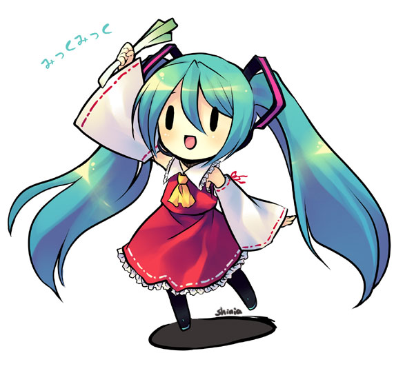 shinia, hakurei reimu, hatsune miku, touhou, vocaloid, 1girl, :d, alternate costume, aqua hair, arm up, artist name, black boots, boots, chibi, cosplay, detached sleeves, female focus, frills, hair between eyes, hakurei reimu (cosplay), holding, long hair, open mouth, smile, solo, spring onion, twintails, very long hair, | |