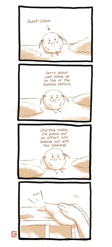 eretto, dust-chan, original, hard-translated, third-party edit, translated, 4koma, brown theme, comic, english text, monochrome