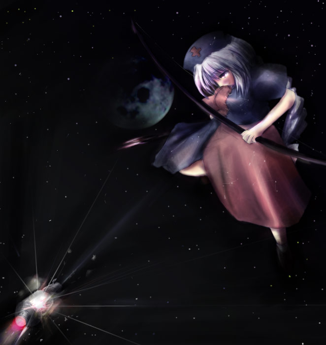 kouba, yagokoro eirin, touhou, 1girl, bow, bow (weapon), dark, female focus, grey hair, hat, moon, short hair, sky, solo, space, spacecraft, star (sky), starry sky, weapon