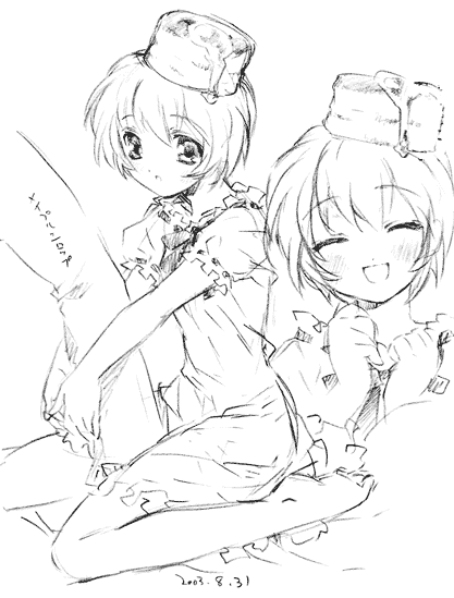 kamiya maneki, you, bisuke-tan, ever 17, kfc, graphite (medium), traditional media, 1girl, barefoot, closed eyes, food, food on head, greyscale, hug, kneeling, monochrome, object on head, open mouth, short hair, sitting, sketch, smile, syrup, wariza